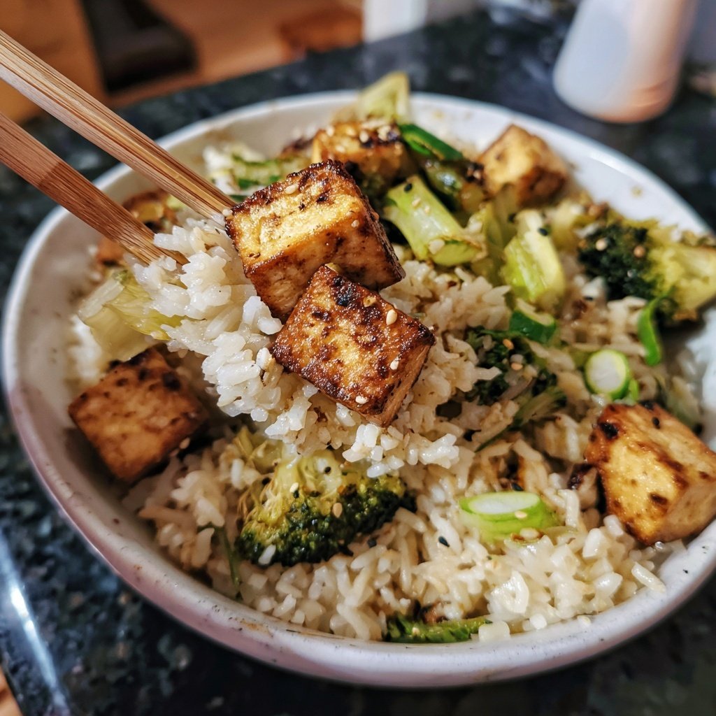 Crispy Tofu Garlic Rice Bowl