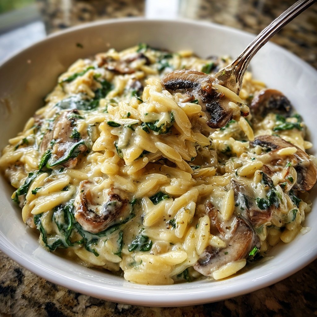 Romantic Creamy Spinach Mushroom Orzo